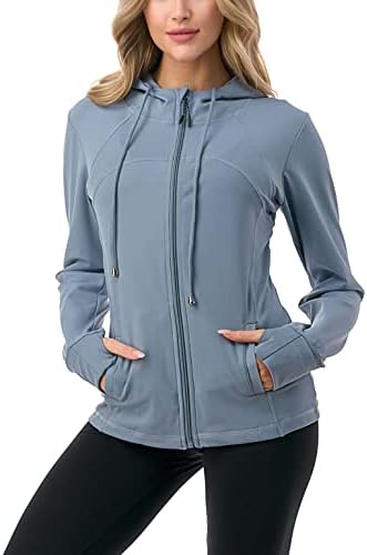 Petalroz Women's Athletic Full Zip Hoodie Jackets UV Sun Protection Long Sleeve Sport Workout Sweatshirt with Thumb Holes and Pocket, Medium Blue, X-Large Plus