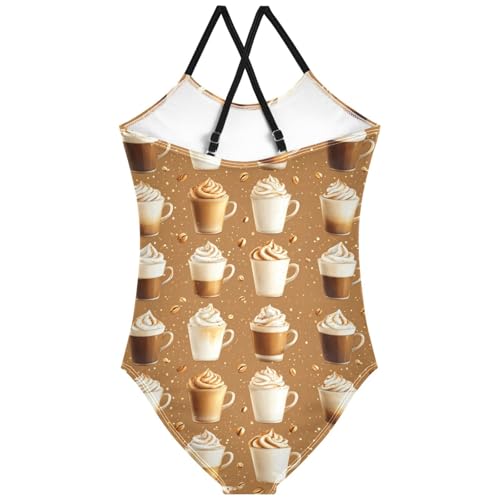 Pigsaly Girls One Piece Swimsuits Hot Drink Coffee Latte Coffee Bean Kids Cross Back Swimwear Beach Sport Bathing Suit 3T2