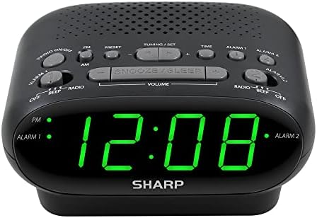 SHARP AM/FM Clock Radio Alarm Clock, Wake to Alarm or Radio, Dual Alarms, Easy to Read LED Green Display, Battery Back-Up, Simple to Use, Easy to Read at a Glance