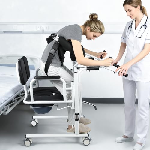 Image of 5 in 1 Patient Lift Transfer Chair for Elderly and Home, Portable Adjustable Height Footrest Hydraulic Lift Nursing Wheelchair 180 Split PU Leather and Thickened Sponge Seat, 440lbs