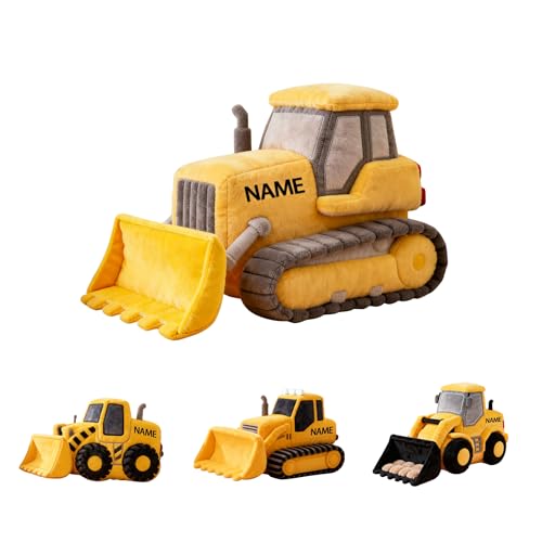 SweetJECCU Personalized Bulldozer Shaped Pillow, Custom Name Vehicles Throw Pillow, Bulldozer Decorative Pillows, Cute Car Short Plush Pillows Gifts for Christmas Birthday