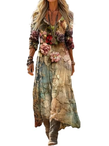 Womens Vintage Floral Cracked Texture Maxi Dress, V-Neck Long Sleeve Boho Dress for Weekend Outings & Nature Inspired Style