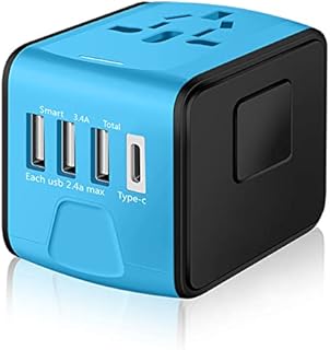 Travel Adapter Worldwide,SAUNORCH Universal International Power Plug Adapter W/2.4A 3xUSB-A and 3.0A Type-C Wall Charger, European Travel Plug Adapter for Europe UK EU US CA AU Italy Asia-Blue