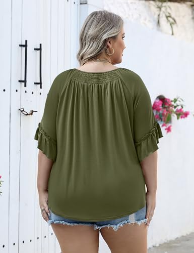 Image of Micoson Womens Plus Size Tops 3 /4 Ruffle Sleeve Crewneck Pleated Shirts