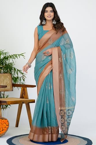 Image of MIRCHI FASHION Women Saree Cotton Blend 2-Tone Foil Print | Lightweight Comfortable Office Wear Sari with Blouse Piece