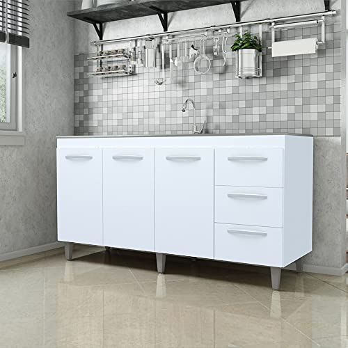Balcão Cozinha Armário Gabinete para Pia de 140 cm Carina 3 portas e 3 Gavetas Branco Frente Branca
