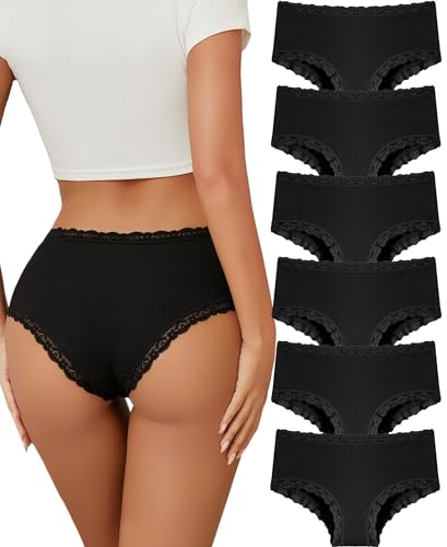 Image of Cotton Underwear Women Black Brazilian Lace Knickers Mid Rise Ribbed 6 Pack