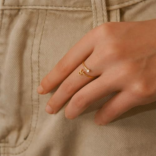 Turandoss Gold Rings for Women Girls - Non Tarnish Dainty 14K Gold Plated Adjustable Letter Rings for Women Teen Girls, Stackable Cute Thumb Pinky Fashion Unique Open Simple Birthday Gifts Jewelry4