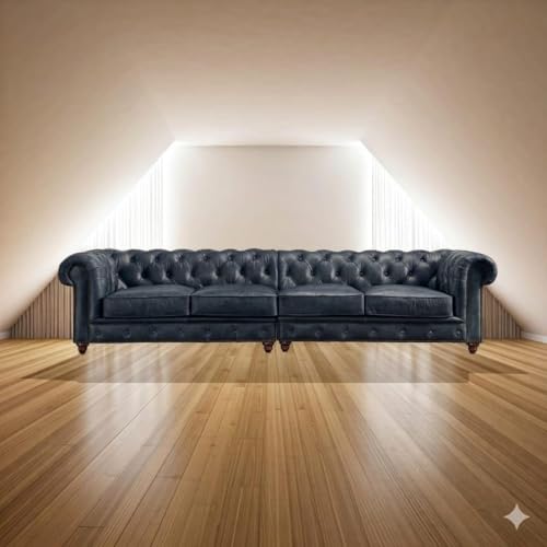 Image of Modern Classic Design Leatherette Luxury Chester Sofa Set with Button Tufted, 4 Seater Sofa for Living Room Home, Office and Lobby (Blue, 4 Seater Sofa)