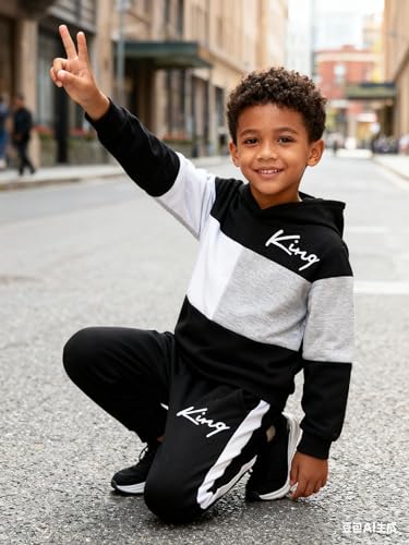 Image of Boys Sweatsuit Long Sleeve Color Block Hoodie Sweatshirt and Jogger Pants 2PC Sets Fall Clothes (Sizes: 4-8)