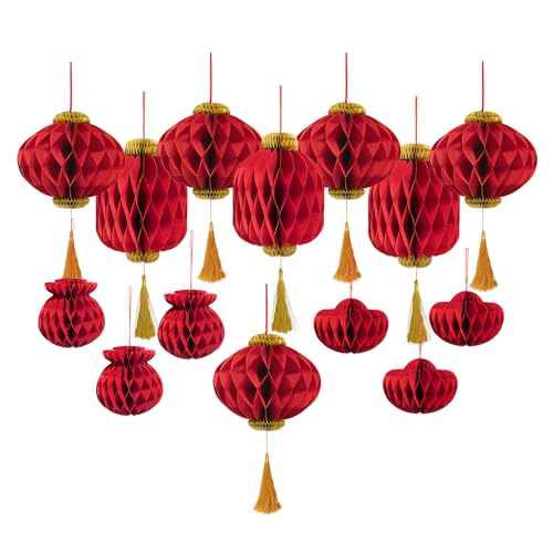 14pcs Chinese New Year Decorations Red Chinese Paper Lanterns for Lunar New Year, Birthday Party, Wedding, Restaurant Decor