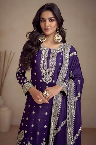 Image of Miss Ethnik Women's Pink Chinon Stitched Top With Stitched Chinon Bottom and Chinon Dupatta Full Sleeve Embroidered Straight Top (ME-1194)