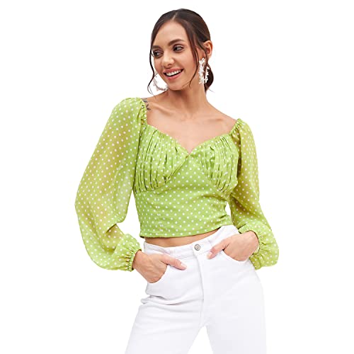 Image of Kibo Casual Women's Polyester Light Green V Neck Polka-dot Crop Top