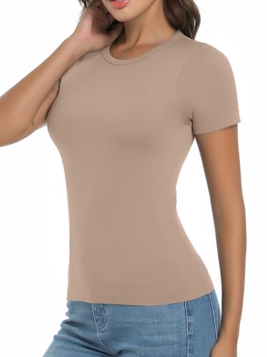 OVESPORT 3 Pack Ribbed Womens Basic T Shirts Summer Tops Gym Workout Short Sleeve Slim Fit Crop Tops3