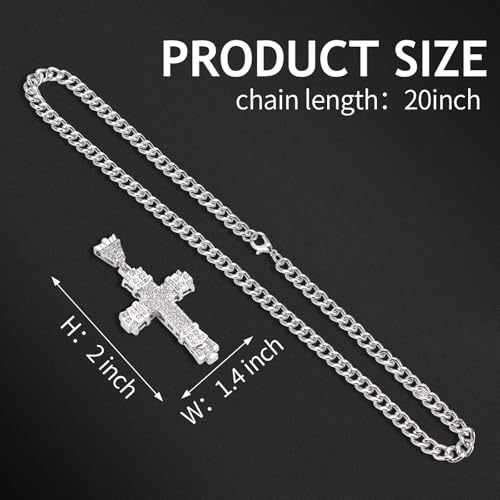 Rhinestones Cuban Link Chain Necklace with CZ Cross Pendant, 20inch Diamond Cuban Link Hip Hop Rapper Jewelry for Men and Women3