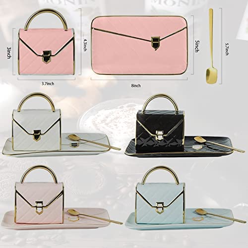 Handbag-Shaped Creative Ceramic Mug With Saucer Porcelain Tray & Spoon For Coffee, Hot Chocolate, Cappuccino, And Latte Breakfast Anvirtue (Pink) #TOP3