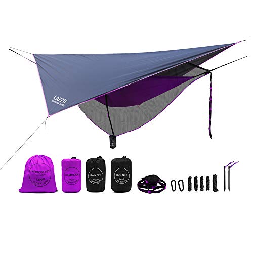LAZZO Camping Hammock Set All-Inclusive,Single Hammock,Bug Net,Tarp,Suspension,Guyline,Stakes and Backpack,Perfect for Backpacking,Camping,Hiking & Yard