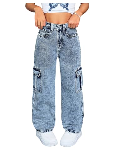 SweatyRocks Girl's Baggy Jeans Elastic High Waisted Straight Denim Pants with Pockets