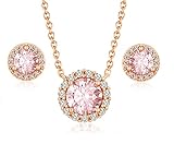 Gloffery 18K Rose Gold Jewelry Set with Created-Morganite, Round Solitaire Dainty Halo Pendant Neckl