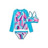 Lands' End G LS 3 Piece Rash Guard Set Knockout Pink Multi Geo Kids Slim 12