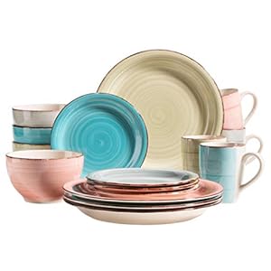 MÄSER 931604 Bel Tempo II 16-delige vintage serviesset voor 4 personen, met de hand beschilderde keramische combiservies, groen/roze/turquoise/rookblauw
