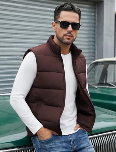 Image of WHN Men's Casual Puffer Vest Lightweight Full Zip Up Work Sleeveless Jacket Stand Collar Outerwear with 3 Pockets
