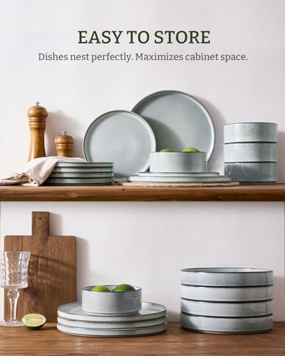 Image of Famiware Annecy Plates and Bowls Sets, Service for 4 (16 Pieces), Dinnerware Sets with Pasta Bowls, Microwave and Dishwasher Safe Dishes Set, Chip and Scratch Resistant, Grey Blue