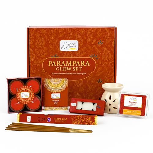 Image of D'Velas Parampara Glow Christmas Gift Box | Ceramic Aroma Burner, Wax Melts, Tealights, Scented Candles, Fragrance Sachet & Incense Sticks | Holiday Home Decor & Premium Christmas Gifting Set