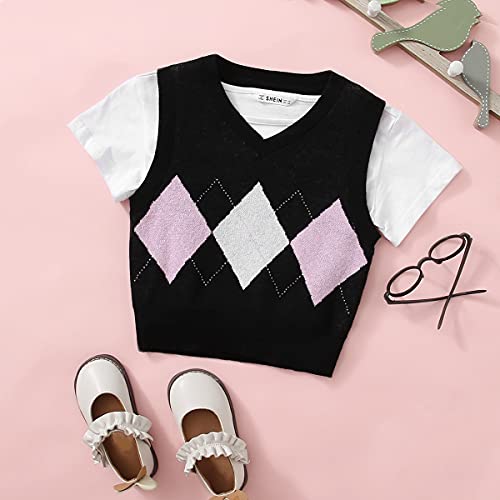 Makemechic Girl's Cute Preppy Argyle Strawberry Sweater Vest Cardigan Black 11-12Y #TOP4