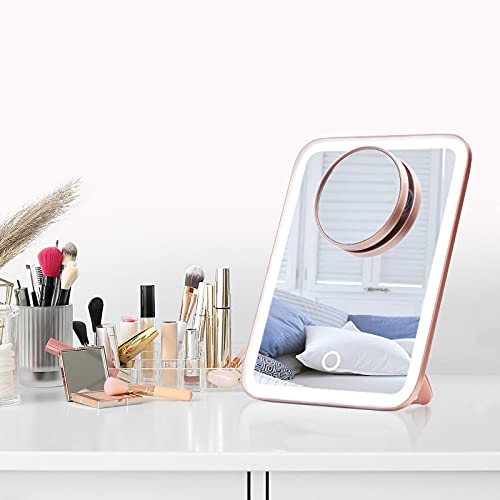 Fancii Portable Led Makeup Mirror With 3 Adjustable Light Settings, 1X Large Mirror & Detachable 10X Magnifying Mirror - Cordless Mirror For Travel, 360° Kickstand - Aura Go (Rose Gold) #TOP6
