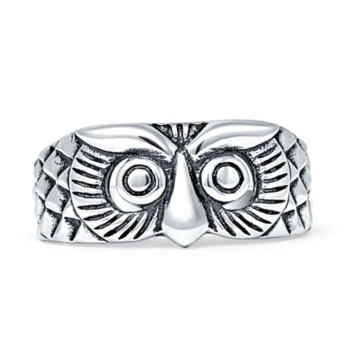 Blue Apple Co. White Tone Size-5 Minimalist 8mm Owl Ring Oxidized Vintage Style Engraved Design Natu