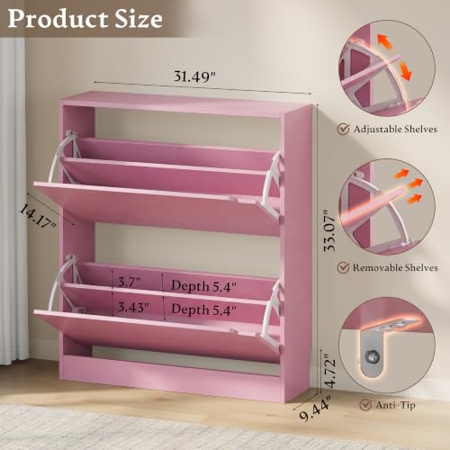 Image of BORNOON Shoe Cabinet with 2 Flip Drawers, Slim Narrow Shoe Storage Cabinet, Freestanding Shoe Organizer with Adjustable & Removable Shelves, Top Display Shelf for Entryway, Hallway, Foyer, Closet