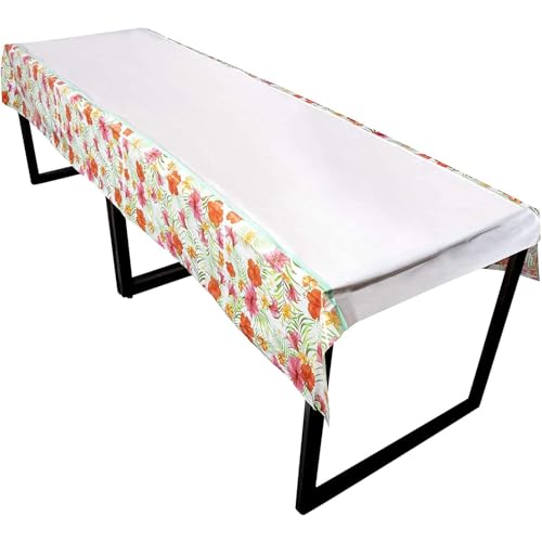 Image of BLUE PANDA Plastic Table Cover - Spill-Resistant Plastic Tablecloth - Vibrant Hibiscus Print for Luau Decor - Disposable Cover for Baby Shower Decoration - 54 x 108 in, Pack of 3, Multicolor