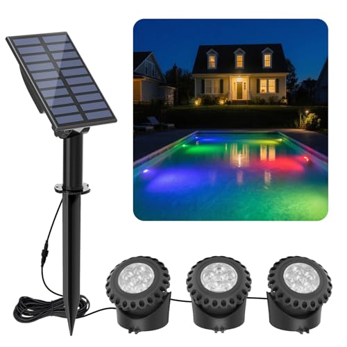 T-SUN Solar Pond Lights, RGB Underwater Spot Light Set of 3 Lights 6 LEDs Landscape Spotlight Underwater Lights IP68 Waterproof Amphibious Light for Fish Tank Garden Yard Pool Fountain Pond Waterfall