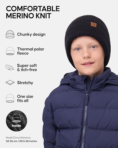 Image of DANISH ENDURANCE Kids Beanie for Winter, Children's Merino Wool Fleece Lined Hat
