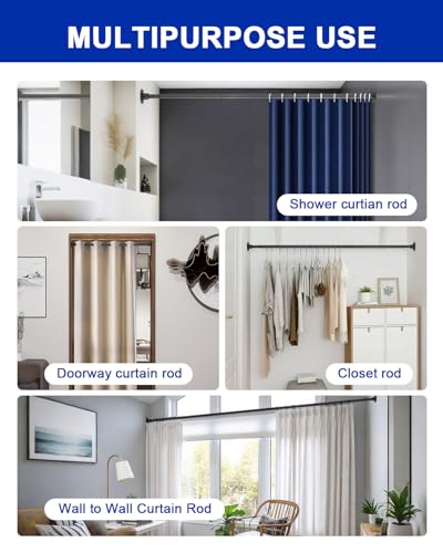 Image of Black Shower Curtain Rod, 1 Inch Heavy Duty Wall Mounted Shower Rod, Rust Proof Powder Coated Metal Curtain Rod with Flange Bracket, Adjustable 58-78 Inch No Sag for Bathroom Bathtub
