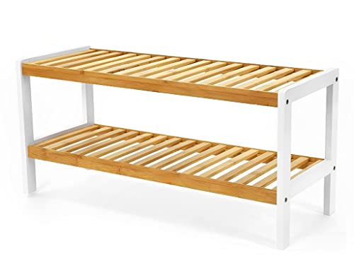 Unibos Bamboo Shoe Bench 2 Tier Shoe Rack Storage Organiser Shoe Racks Storage Shelf Organizer Perfect for Entryway Living Room Hallway Holds Up To 8 Pairs Adult Shoes (NATURAL - 2 Tier Shoe Rack)