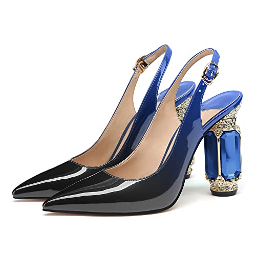 Image of JANSEVEN Women Chunky Heels Pumps Crystal Block Heels with Rhinestones Pointed Toe Sexy Gradient Patent Leather Slip on Bridal Party Wedding Dress Shoes 5-13 M US