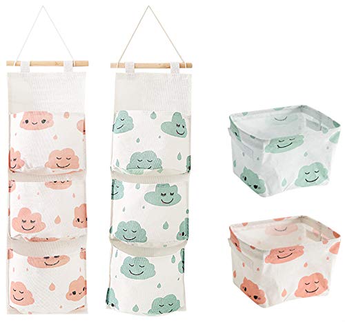 ASFINS GLOBALDREAM Bolsas Colgantes para Almacenamiento, 2 Piezas Bolsas Colgantes Organizador de Armario de Puerta Y 2 Piezas Cestas de Almacenamiento Organizador de Lino(Nube Rosa, Nube Verde)