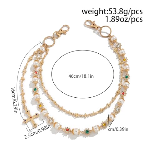 Fashion Layered Pants Wallet Chains - Exquisite Gold Silver Rhinestone Flower Pearl Jean Pocket Chain for Women Men Cute Bag Purse Charms Jewelry (silver link daisy)