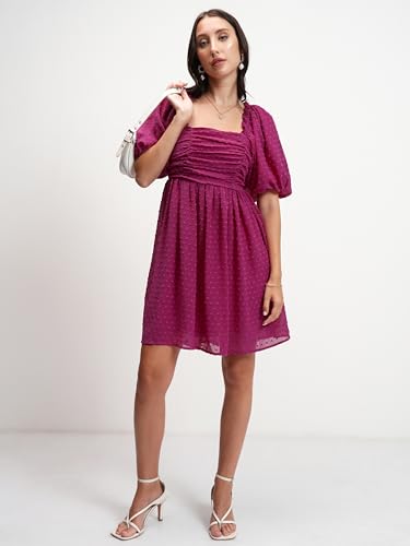 Image of Tokyo Talkies Women's Self-Design Fit & Flare Short Dress | Square Neck & Front Gathering | Chic & Feminine with Puff Sleeves