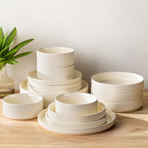 Image of TheTerra Ceramic Dinnerware Sets for 4, 16 Pieces Porcelain Lightweight Plates and Bowls Sets, Scratch Resistant Dish Set, Oven & Microwave & Dishwasher Safe, Beige
