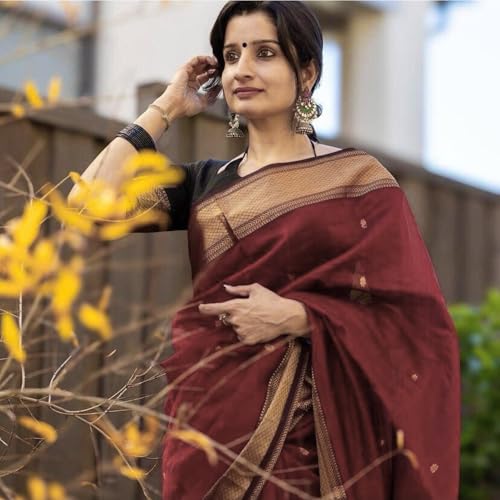 Image of Women's Cotton Woven Soft Sarees With Attach Blouse Piece.