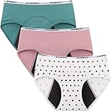 INNERSY Period Underwear For Teen Girls Cotton Leakproof Menstrual Panties 3 Pack (10-12 Years, Green&Pink&Dot Print)