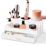 BYUNER Hair Tools Organizer, White Hairdryer Holder with Drawer, Acrylic Hair Dryer Holder for Dressing Table, Bathroom Counter Hair Dryer and Straightener Holder for Vanity Caddy, Makeup, Toiletries