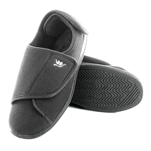 Men's 80-D Memory Foam Diabetic Slipper With Adjustable Closures,Extra Wide Width Comfy Warm Plush Fleece Arthritis Edema Swollen Diabetic House Shoes Machine Washable W/Anti Slip Sole (11, Grey) #TOP1