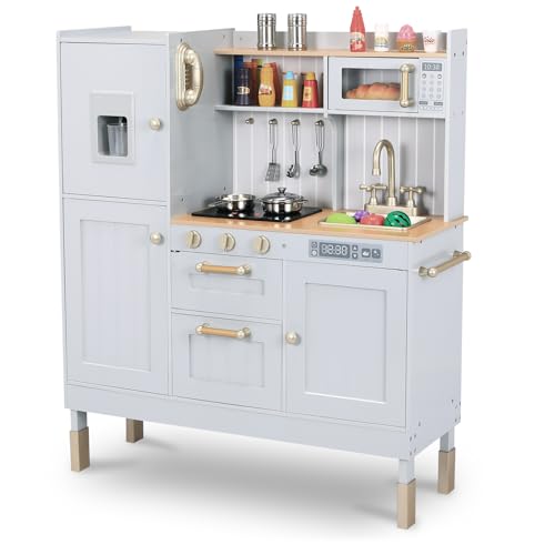 Arlopu Play Kitchen for Kids, Pretend Preschool Kitchen Sets, Wooden Cooking Playset w/Realistic Light & Sound, Telephone, Stove, Fridge, Microwave, Removable Sink, Water Dispenser (Gray)