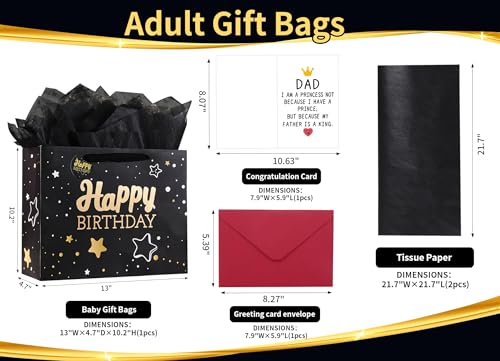 Image of 13 inch Black Happy Birthday Gift Bag with Tissue Paper and Greeting Card for Party,Happy Birthday Gift Bag for Men Fathers, Gift Bags Medium size(1 PCS Black, Attach Dad Cards)