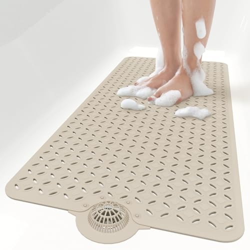 Image of OTHWAY Bath Mat for Tub Non Slip: 39" X 17" Long Bathtub Mat with Hair Catcher│Big Drain Holes Shower Mats for Inside Shower│Machine Washable (Brown)