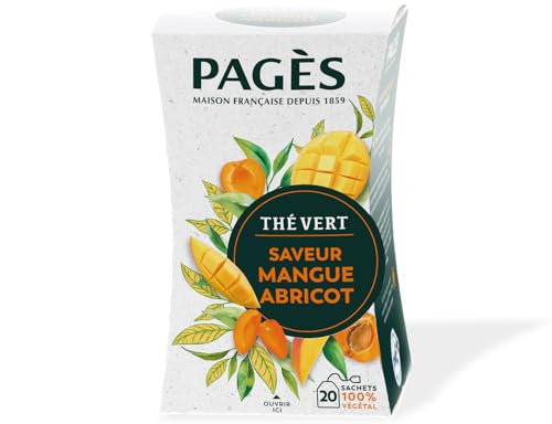 Pagès - Thé Vert Saveur Mangue Abricot - Recette Délicate et Fruitée - Boîte de 20 Sachets, 100% Végétal
